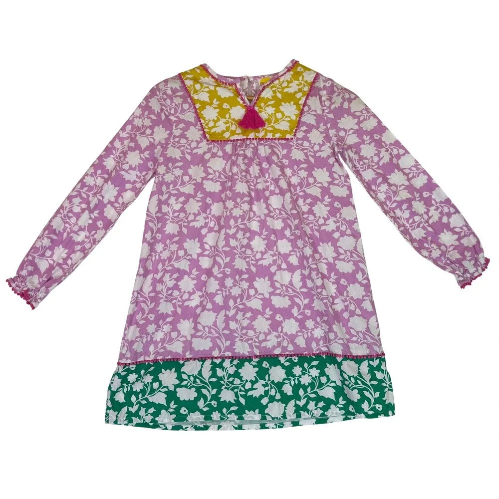 Mini Boden Pink/Green/White Floral Shift Dress‎ Tassel Pompom Trim Sz 9-10Y